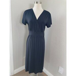 LL Bean Womens Large Black Faux Wrap Dress Stretch Short Sleeve V Neck